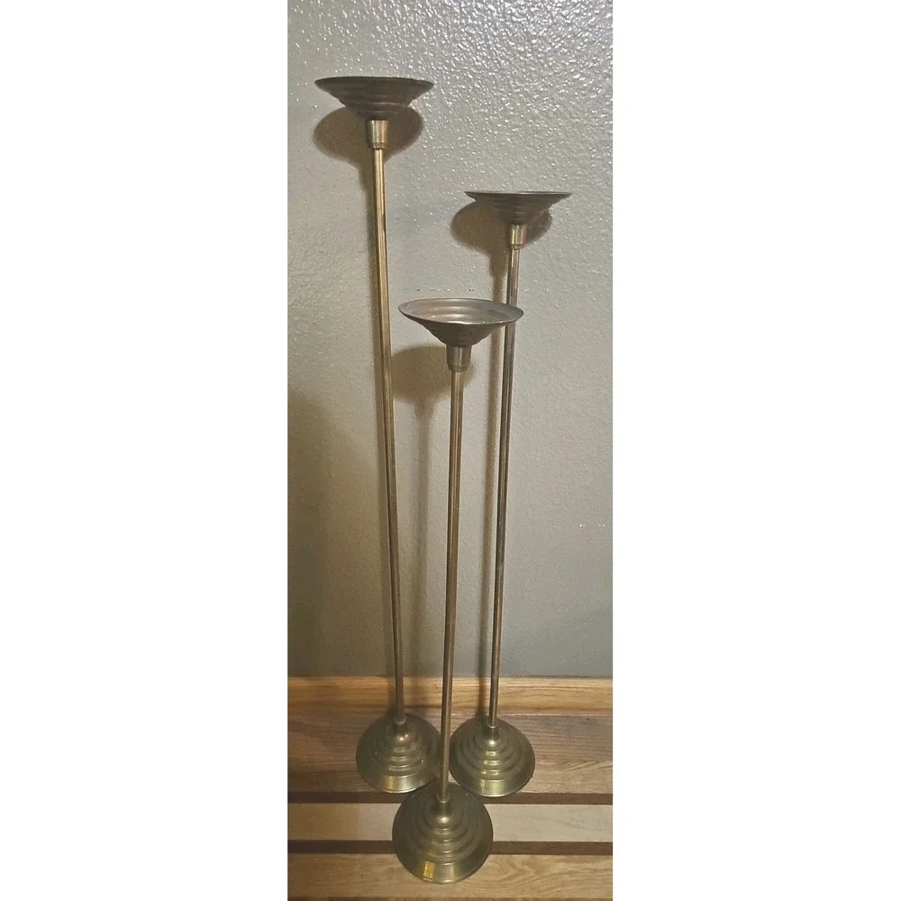 Vintage‎ 3 Tall Vintage Soild Brass Candlesticks Beautiful Patina 38
